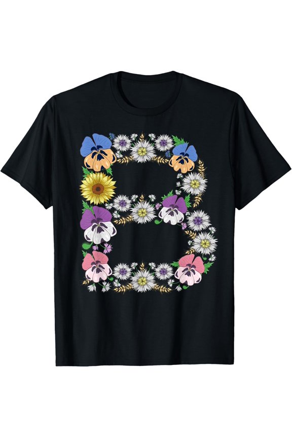 Letter B Shirt Cute Initial Monogram Floral Alphabet Letters T-Shirt men and women can wear, black, white, gifts