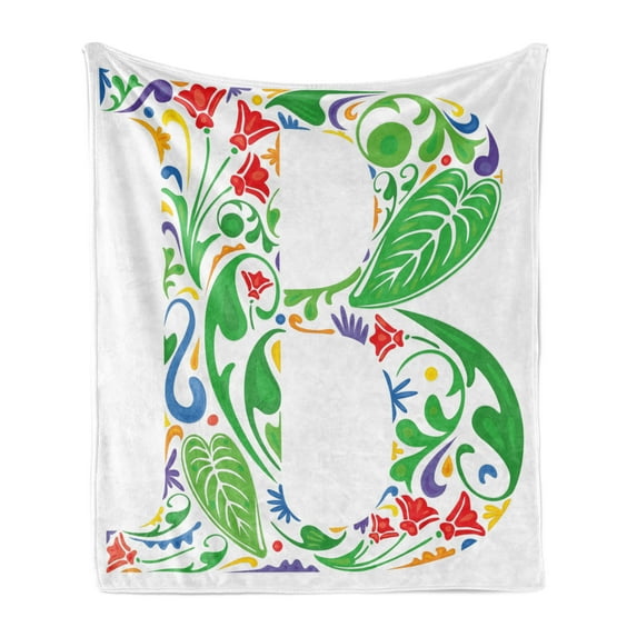 Letter B Soft Flannel Fleece Blanket, Capital with Spring Herbs Flowers Petals Leaves Nature Harvest Swirls Vivid Image, Cozy Plush for Indoor and Outdoor Use, 60" x 80", Multicolor, by Ambesonne