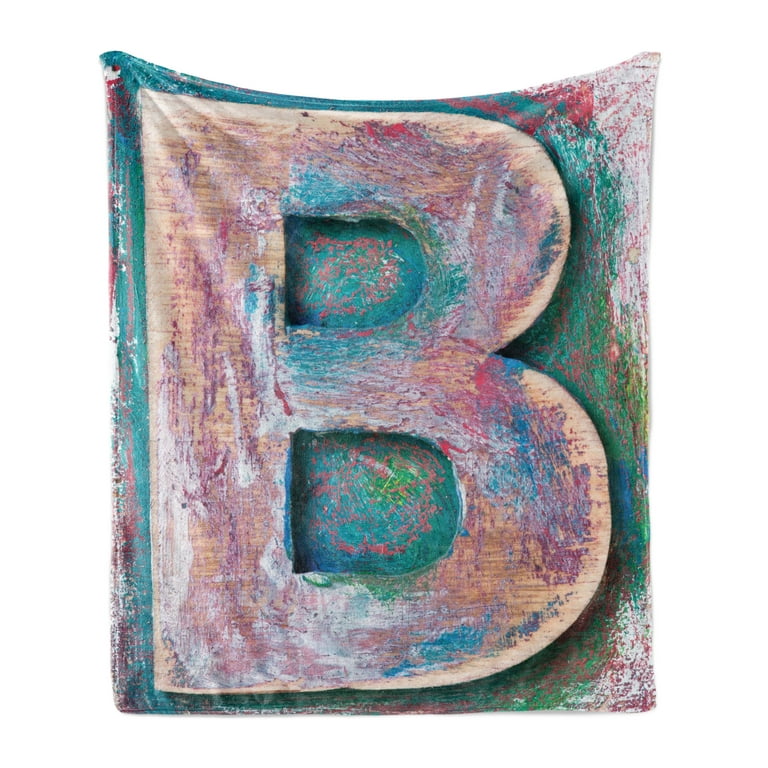 Letter B Soft Flannel Fleece Blanket Old Fashioned Print Method Wood Block Alphabet ABC Type Worn Capital B Cozy Plush for Indoor and Outdoor Use