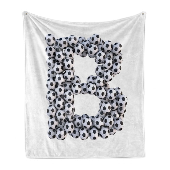 Letter B Soft Flannel Fleece Blanket, Soccer Themed Letter Monochrome Classical Balls Pattern Sports Themed Design, Cozy Plush for Indoor and Outdoor Use, 50" x 60", Black and White, by Ambesonne