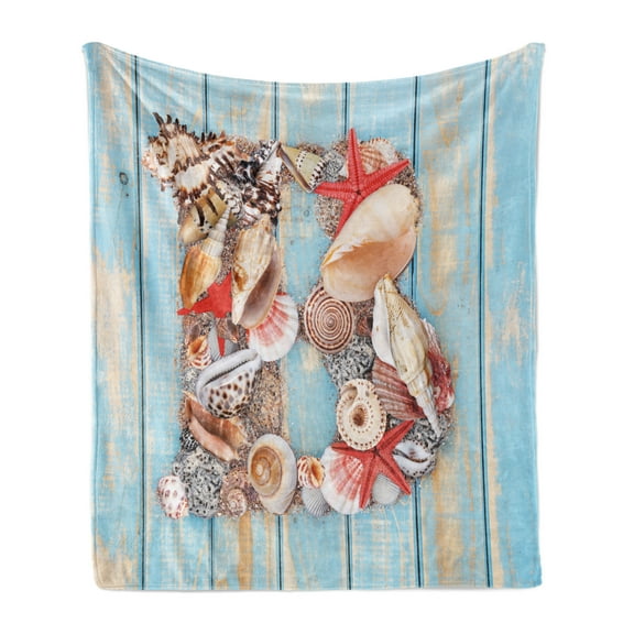 Letter B Soft Flannel Fleece Throw Blanket, Alphabet ABC Ocean Theme Elements Starfish Seashell Pale Color, Cozy Plush for Indoor and Outdoor Use, 60" x 80", Dark Coral Pale Blue, by Ambesonne
