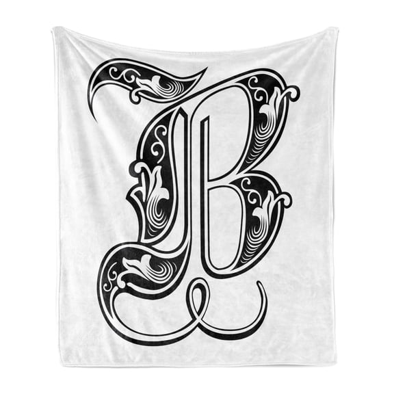 Letter B Soft Flannel Fleece Throw Blanket, Classical Designed Font with Ornamental Details Alphabet Typescript, Cozy Plush for Indoor and Outdoor Use, 50" x 60", Black White, by Ambesonne