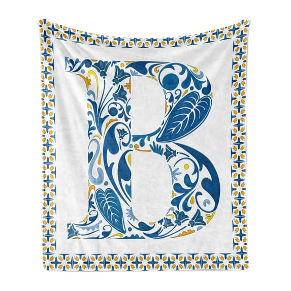 Letter B Soft Flannel Fleece Throw Blanket, European Art Elements Floral B Letter in Alphabet Natural Inspirations, Cozy Plush for Indoor and Outdoor Use, 50" x 70", Blue Yellow Orange, by Ambesonne