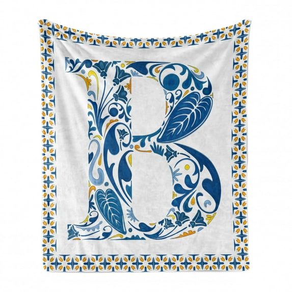Letter B Soft Flannel Fleece Throw Blanket, European Art Elements Floral B Letter in Alphabet Natural Inspirations, Cozy Plush for Indoor and Outdoor Use, 60" x 80", Blue Yellow Orange, by Ambesonne