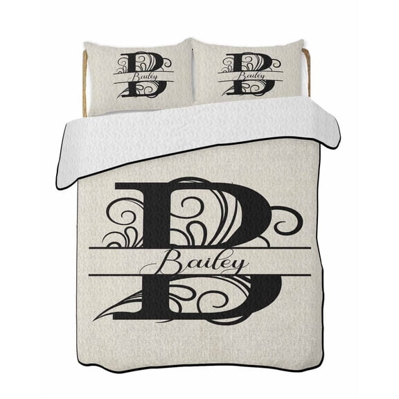 Letter B Summer Quilt Set Full Size, Soft Microfiber Quilted Bedding Set with 2 Pillow Shams, Monogram Words Lightweight All Season Bedspread Coverlet for Bedroom 78"x90"