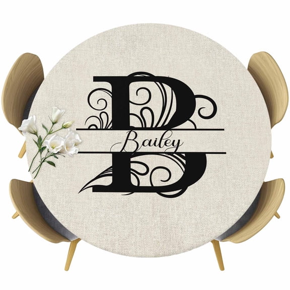 Letter B Table Cloth, Round Fitted Tablecloths with Elastic Edge, Monogram Words Wipeable Waterproof Table Cover for Kitchen Wedding 36-44 Inches