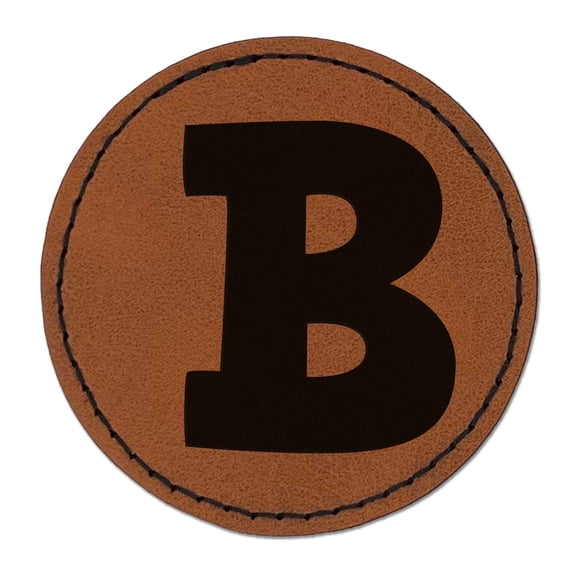 Letter B Uppercase Fun Bold Font 2.5" Faux Leather Round Engraved Iron-On Patch - Brown