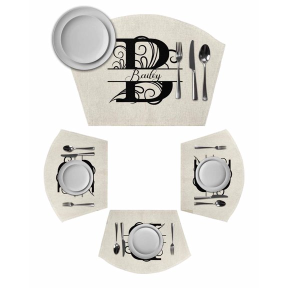Letter B Wedge Shaped Placemats Set of 2, Cotton Linen Fan Place Mats, Monogram Words Washable Table Mats for Holiday Wedding Party Dinning Coffee Tables 11.8"x17.5"