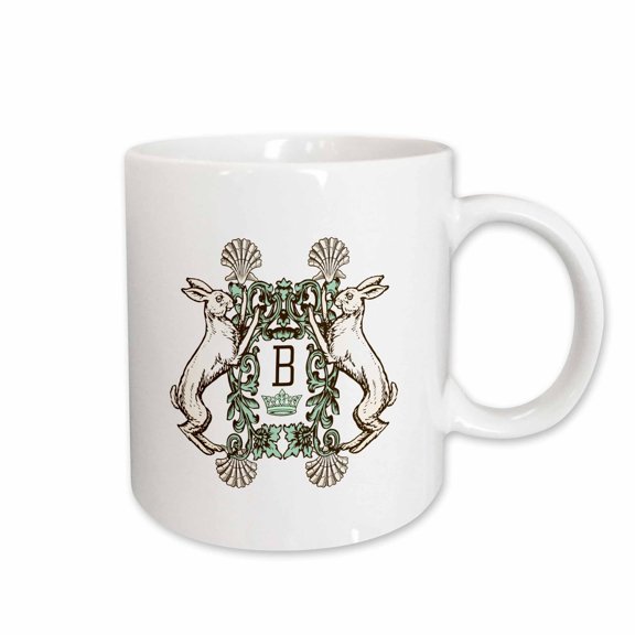 3drose, Letter B- White Rabbits Monogram with Shells and Crown, 11oz Mug
