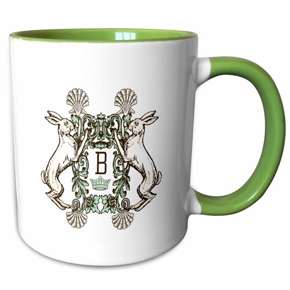3drose, Letter B- White Rabbits Monogram with Shells and Crown, 11oz Two-tone Green Mug