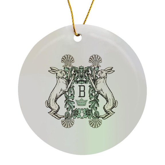 3drose, Letter B- White Rabbits Monogram with Shells and Crown, Circle Porcelain Ornament