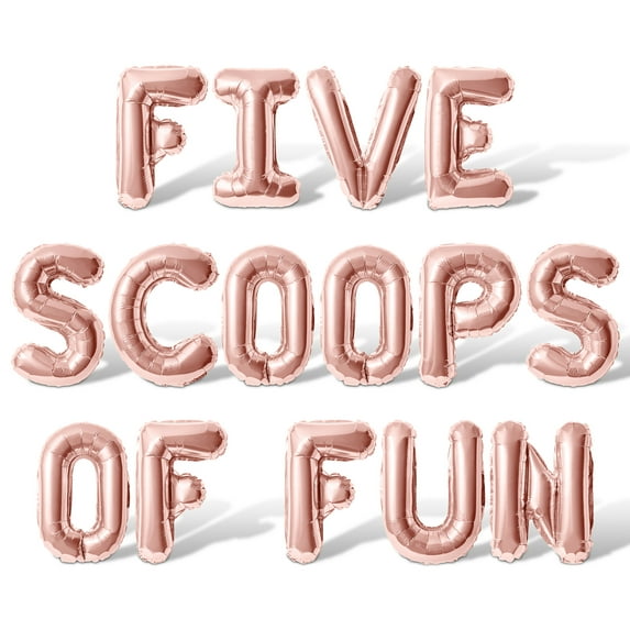 Letter Balloons - FIVE SCOOPS OF FUN 16" Inch Alphabet Letters Foil Mylar Balloon 5th Birthday Party Banner (Rose Gold)