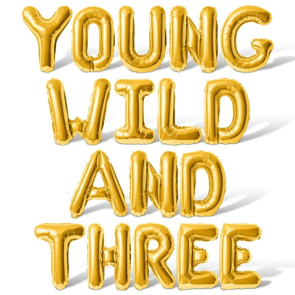 Letter Balloons - YOUNG WILD AND THREE 16" Inch Alphabet Letters Foil Mylar Balloon 3rd Birthday Party Banner (Gold)