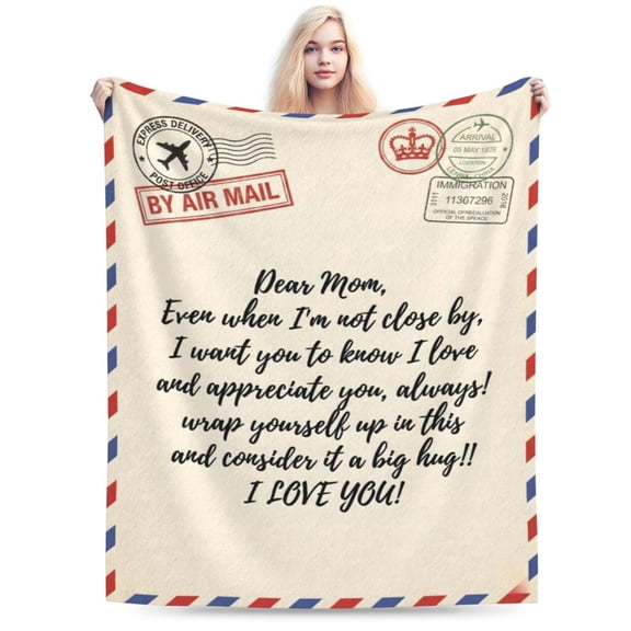 Letter Blanket for Mom Mother's Day Gift from Daughter Son, Vintage Air Mail Postcard Flannel Throw, Big Hug Blanket for Mom 50x40