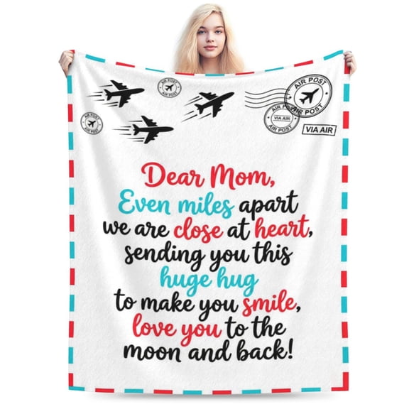 Letter Blanket for Mom Mother's Day Gift from Daughter Son, Vintage Air Mail Postcard Flannel Throw, Big Hug Blanket for Mom 50x40