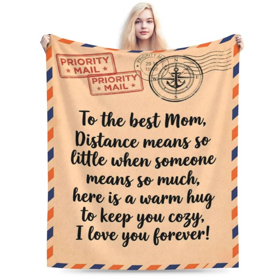 Letter Blanket for Mom Mother's Day Gift from Daughter Son, Vintage Air Mail Postcard Flannel Throw, Big Hug Blanket for Mom 50x40
