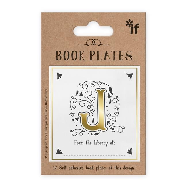Letter J Book Plates - 12 Self-Adhesive Labels, Gold Foil, Kraft Packaging