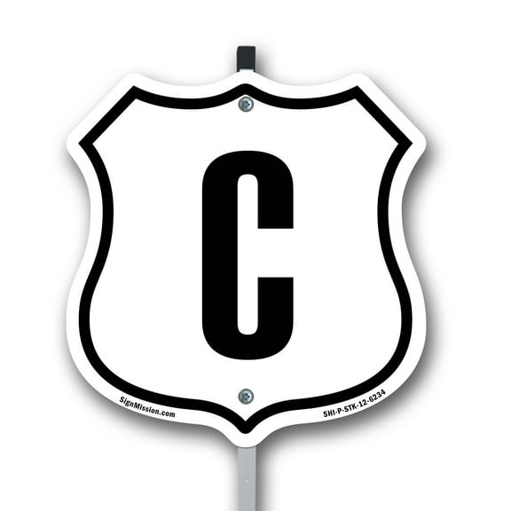 Letter C 12 inch X 12 inch Shield Shaped Rust-Free Aluminum Metal Sign with Aluminum Mounting Stake Weather Resistant Made in the USA