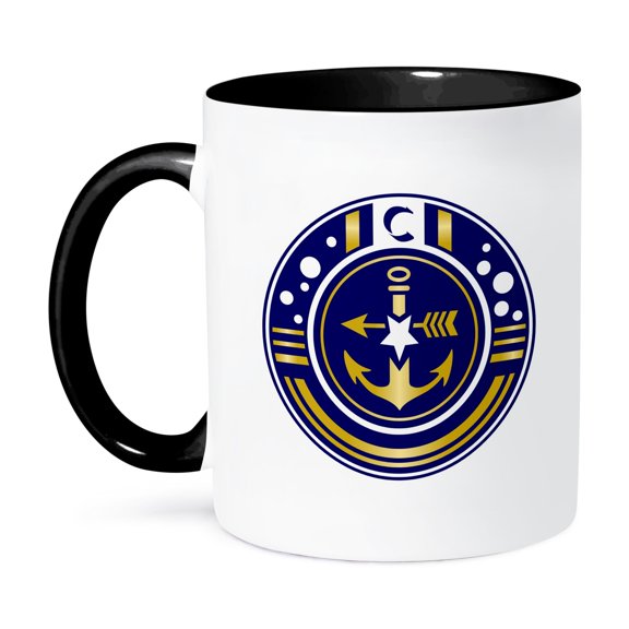3dRose, Letter C- Anchor Monogram in Navy Blue and Gold Effect, 11oz Two-Tone Black Mug