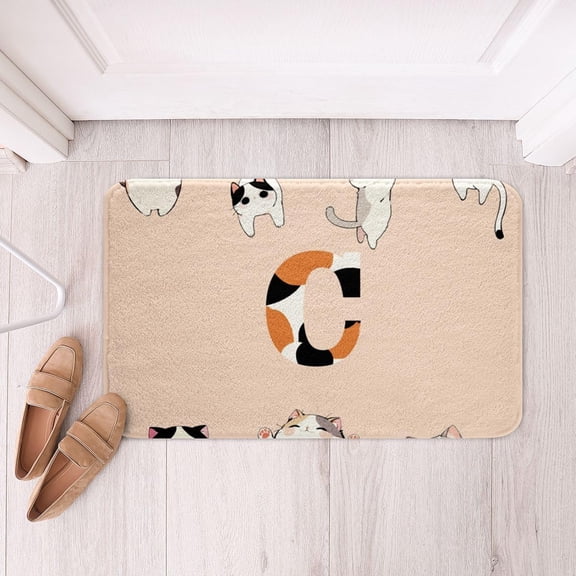 Letter C Bathroom Rugs 16" x 24" Kitten Bath Mat Cats Kawaii Calico Cat Funny Cartoon Doormat Cute Kitten Pet Alphabet Print