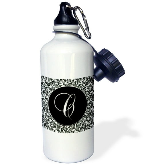 3dRose, Letter C - Black and White Damask, 21 oz Sports Water Bottle