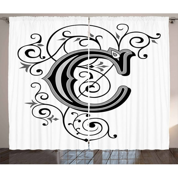 Ambesonne Letter C Curtains 2 Panel Set, Gothic Vintage Capital, 108" x 96", White Black Grey