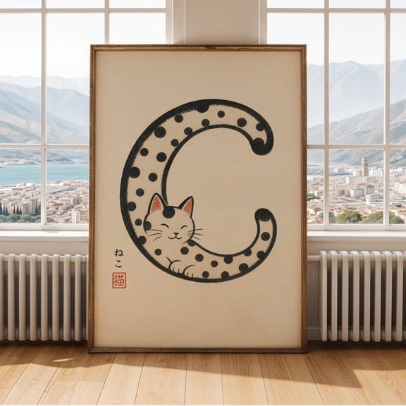 Letter C Dotted Cat Wall Art Print, Unframed Paper Poster 8x10in