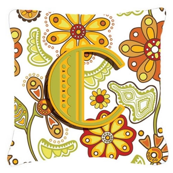 Letter C Floral Mustard And Green Canvas Fabric Decorative Pillow