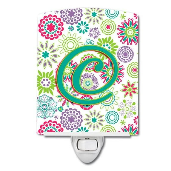 Letter C Flowers Pink Teal Green Initial Ceramic Night Light