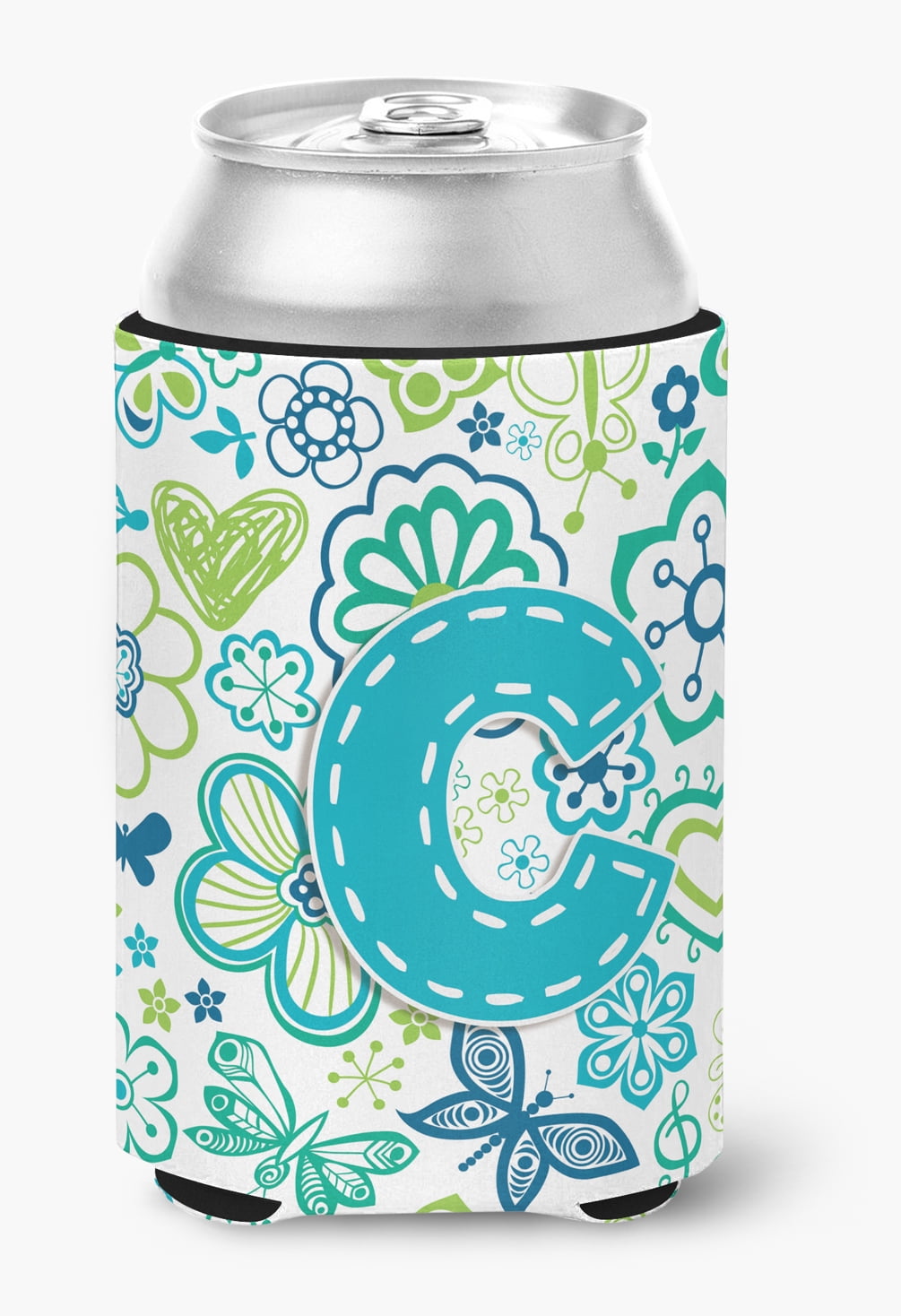 Letter C Flowers and Butterflies Teal Blue Can or Bottle Hugger