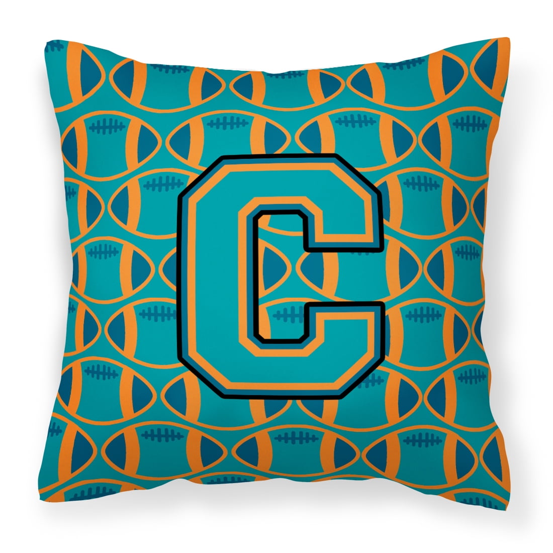 Letter C Football Aqua, Orange and Marine Blue Fabric Decorative Pillow