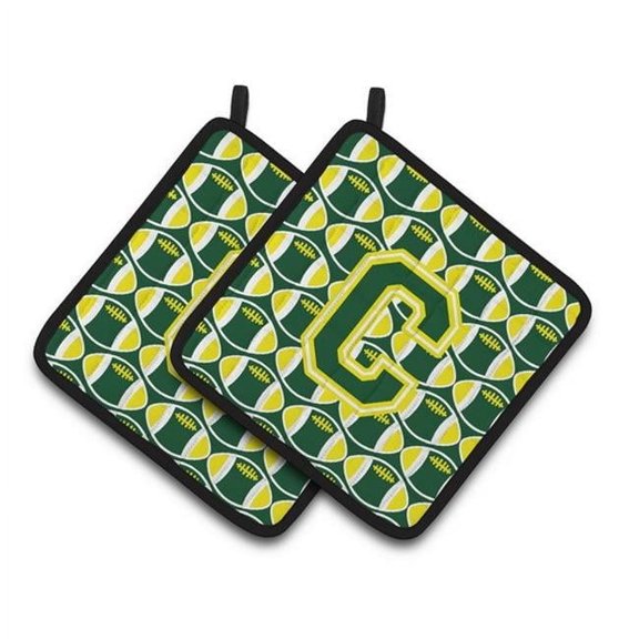 Letter C Football Green & Yellow Pair of Pot Holders - 7.5 x 3 x 7.5 in.