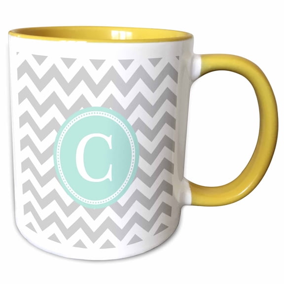 3drose, Letter C Grey and White Chevron with Mint Monogram Personal Initial C, 11oz Two-tone Yellow Mug