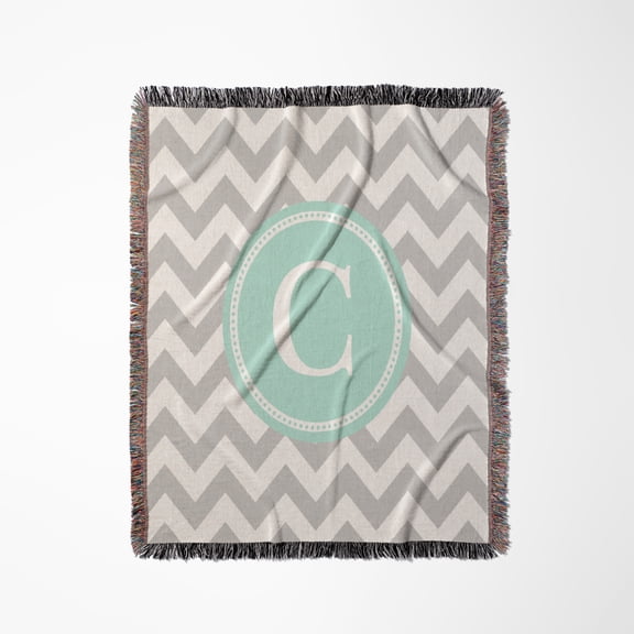 Letter C Grey And White Chevron With Mint Monogram Personal Initial C, Woven Blanket