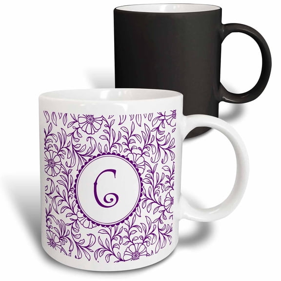 3drose, Letter C in Circle over Swirly Floral Pattern in Purple and White, 11oz Magic Transforming Mug