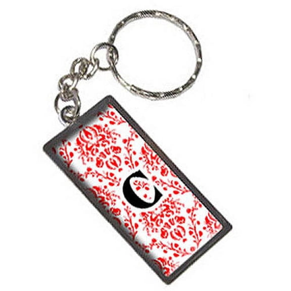 Letter C Initial Damask Elegant Red Black White Keychain Key Chain Ring