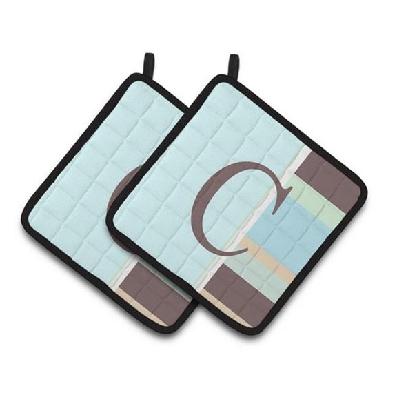 Letter C Initial Monogram - Blue Stripes Pair of Pot Holders
