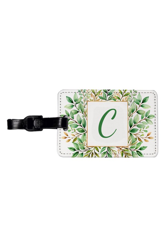 Letter C Initial Monogram Frame Leaf Faux Leather Travel Luggage Tag