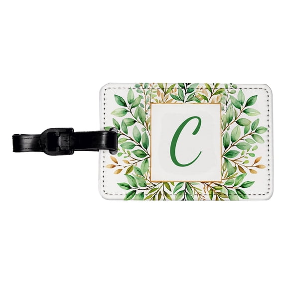 Letter C Initial Monogram Frame Leaf Faux Leather Travel Luggage Tag