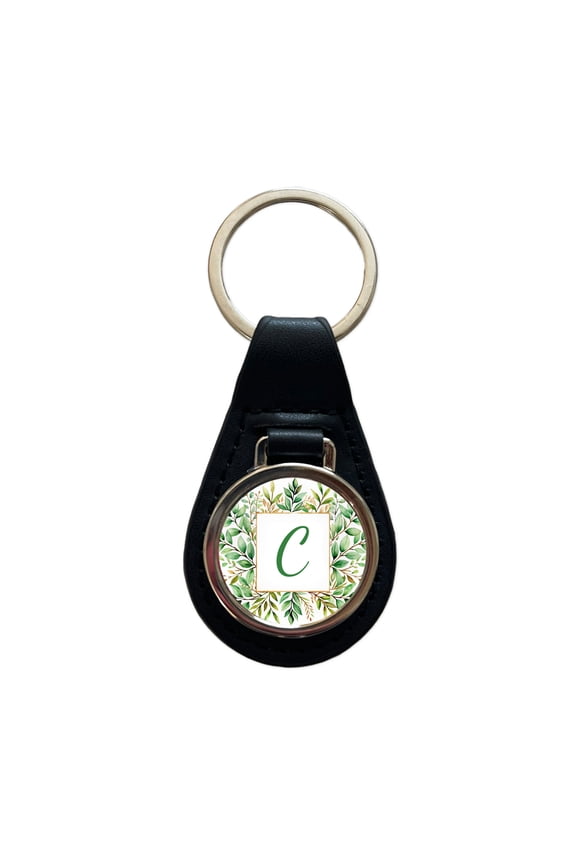 Letter C Initial Monogram Frame Leaf Metal Black Leather Keychain