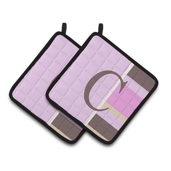 Letter C Initial Monogram - Pink Stripes Pair of Pot Holders