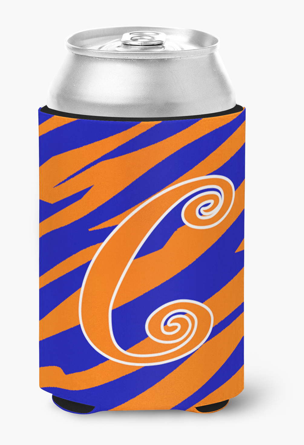 Letter C Initial Tiger Stripe Blue and Orange Can or Bottle Hugger