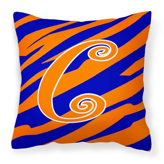 Letter C Initial Tiger Stripe Blue and Orange Fabric Decorative Pillow