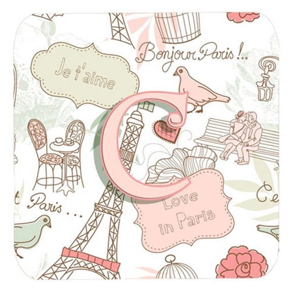 Letter C Love In Paris Pink Foam Coasters- Set Of 4 - Pink