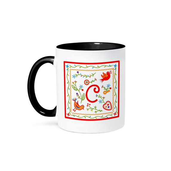 3dRose, Letter C Monogram and design inpired by Love Handkerchiefs tradition in Portugal, 11oz Two-Tone Black Mug