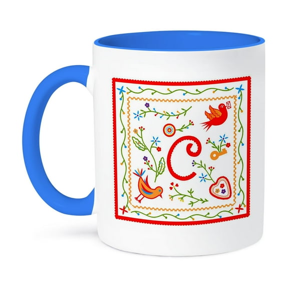3dRose, Letter C Monogram and design inpired by Love Handkerchiefs tradition in Portugal, 11oz Two-Tone Blue Mug