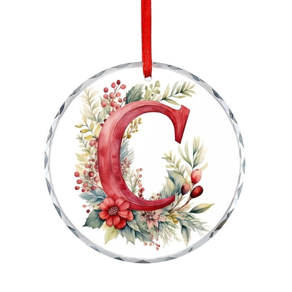 Letter C Monogram Initial Floral Watercolor Merry Christmas Wreath Glass Christmas Ornament Appreciation Gifts Ornaments for Xmas Tree Personalized Custom Monogram Name Round Glass Hanging Ornament