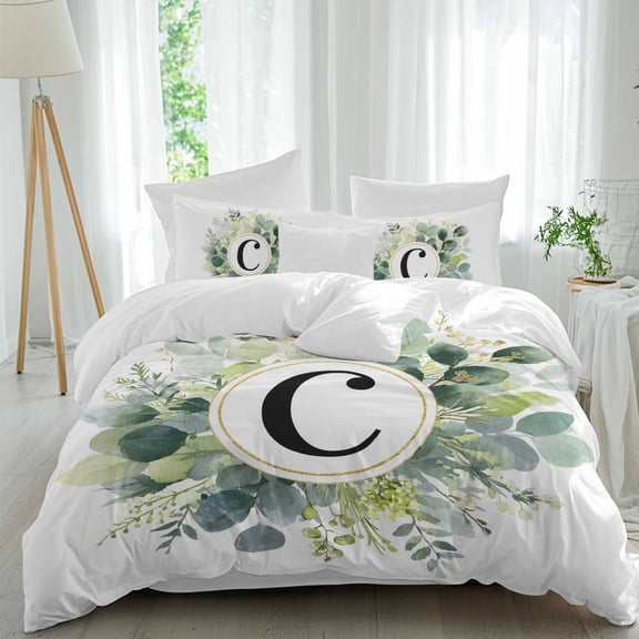 Letter C Queen Size Comforter Set, Alphabet Green Eucalyptus Leaves Plant Simple Bedding for All Seasons, 4 Pcs Bed Set, 1Quiltcover (90"x92") ,1Sheet(94"x116"), 2Pillowcases (30"x20")