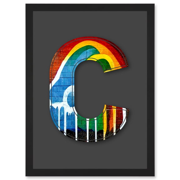 Letter C Rainbow Red Yellow Blue Green Decorative Graffiti Mural Alphabet Initial Stencil Artwork Framed Wall Art Print A4