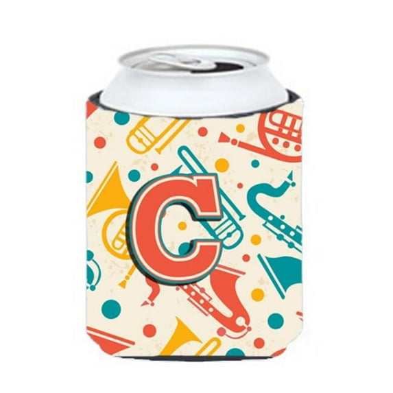 Letter C Retro Teal Orange Musical Instruments Initial Can & Bottle Hugger